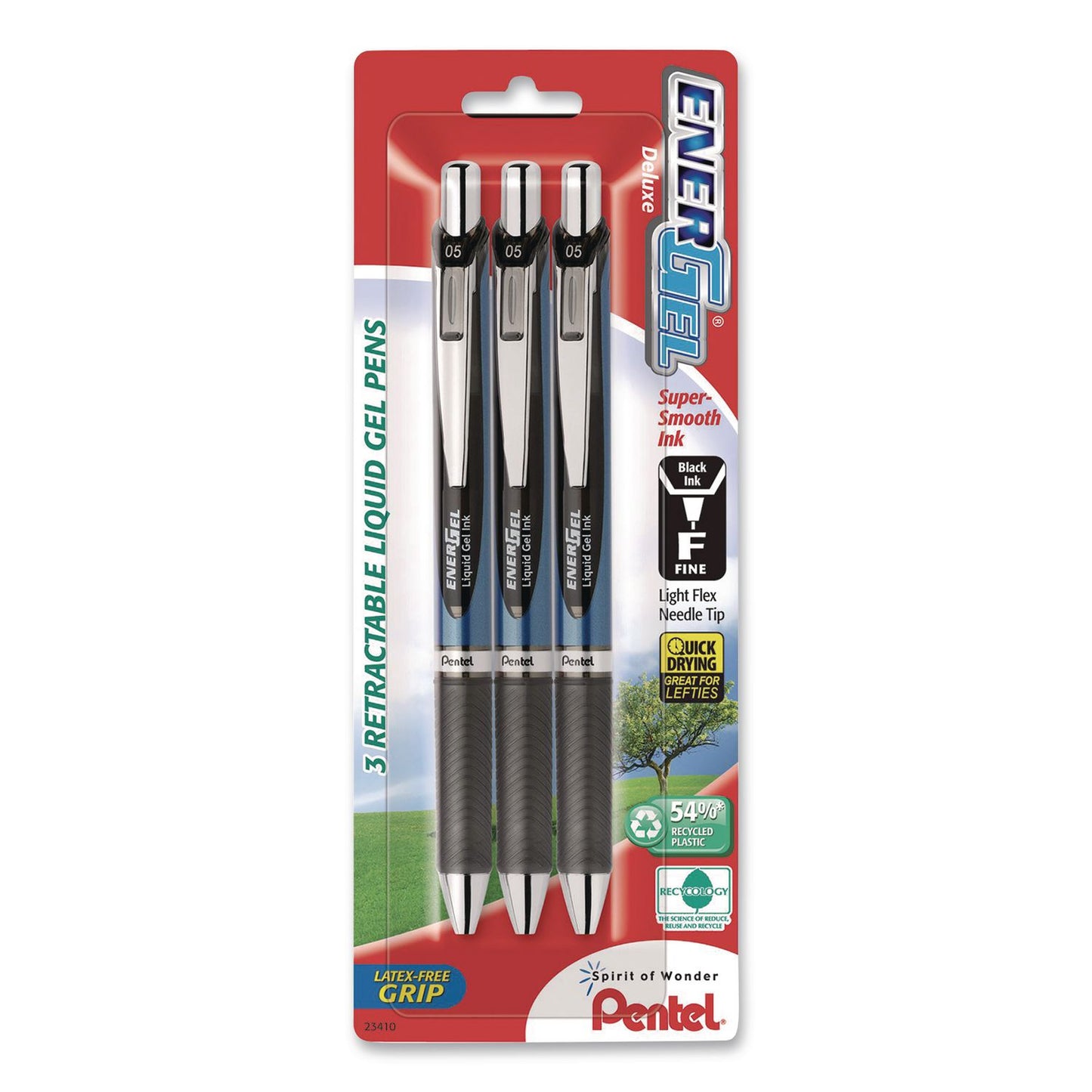 Pentel® EnerGel RTX Gel Pen, Retractable, Fine 0.5 mm, Black Ink, Black/Blue Barrel, 3/Pack (PENBLN75BP3A)