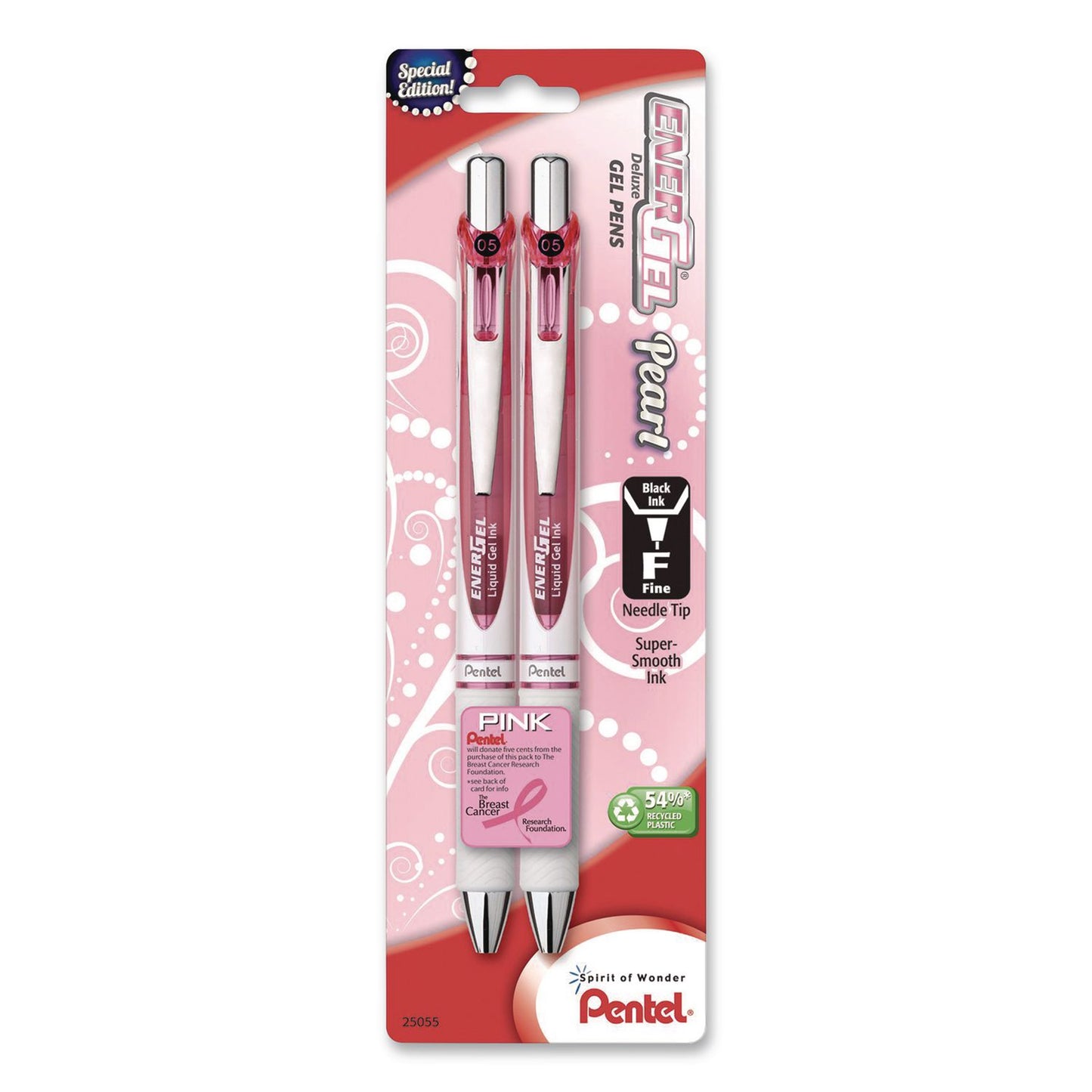 Pentel® EnerGel Pearl Deluxe Pink Special Edition Liquid Gel Pen, Retractable, Fine 0.5mm, Black Ink, White Pearl/Pink Barrel, 2/Pack (PENBLN75WBP2PA)