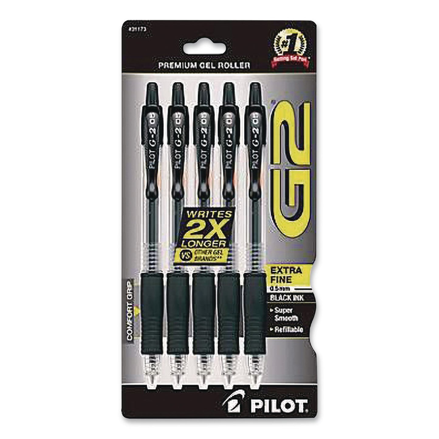 Pilot® G2 Premium Gel Pen, Retractable, Extra-Fine 0.5 mm, Black Ink, Clear/Black Barrel, 5/Pack (PIL31173)