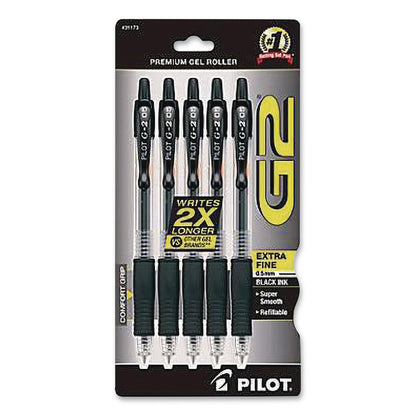 Pilot® G2 Premium Gel Pen, Retractable, Extra-Fine 0.5 mm, Black Ink, Clear/Black Barrel, 5/Pack (PIL31173)