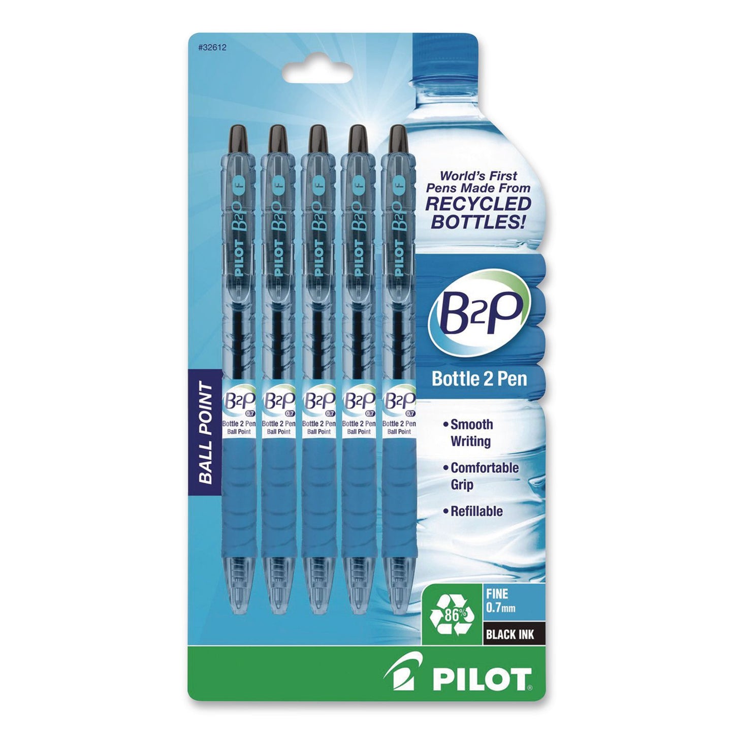 Pilot® B2P Bottle-to-Pen Recycled Ballpoint Pen, Retractable, Fine 0.7 mm, Black Ink, Translucent Blue Barrel, 5/Pack (PIL32612)