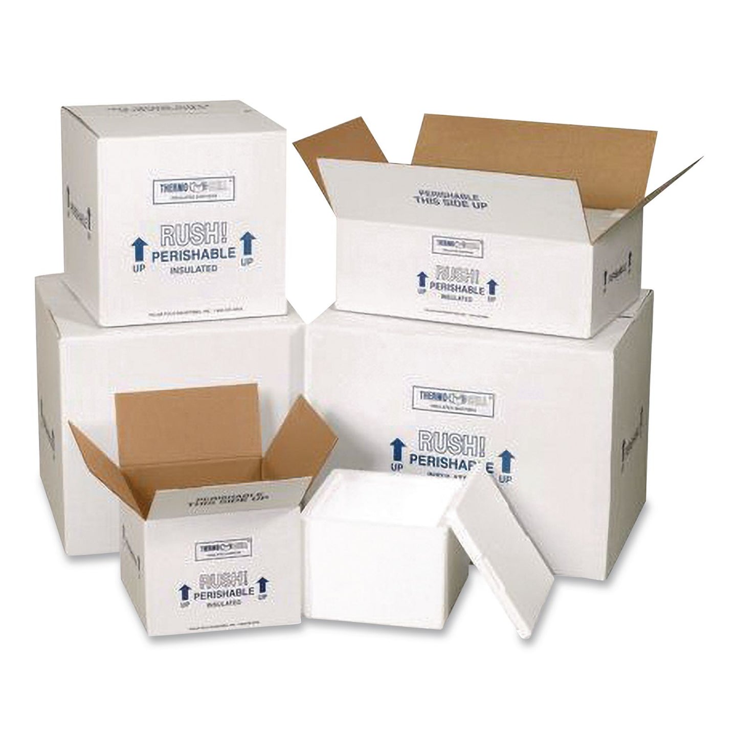 The Packaging Wholesalers® Insulated Shipping Container, 1.25" Foam Insert, 12.63" x 12.63" x 10.5", White/Blue (PKG214C)
