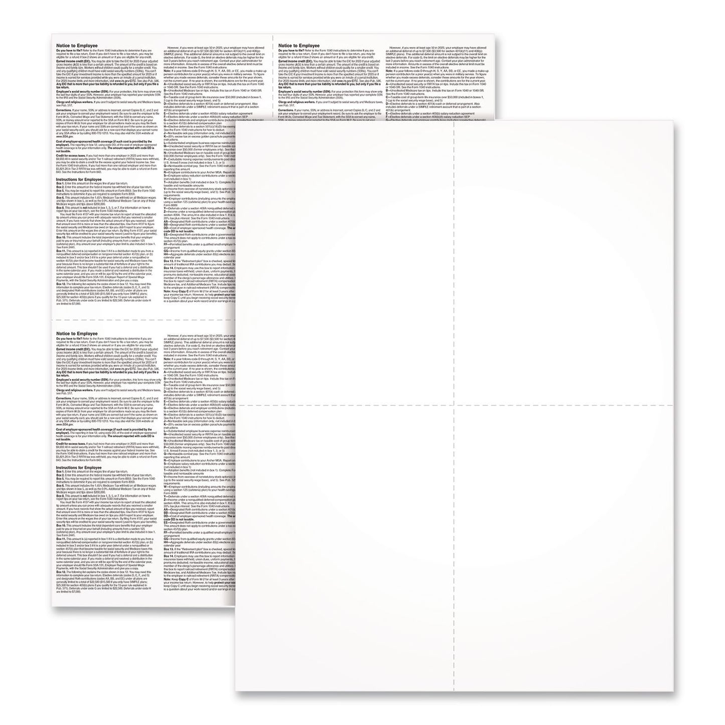 Adams® 2024 W-2 4-Up Employee Copy Blank Front with Copy B and C Backers 8.5 x 3.66, 4 Forms/Sheet, 100 Forms Total (TOP411968)