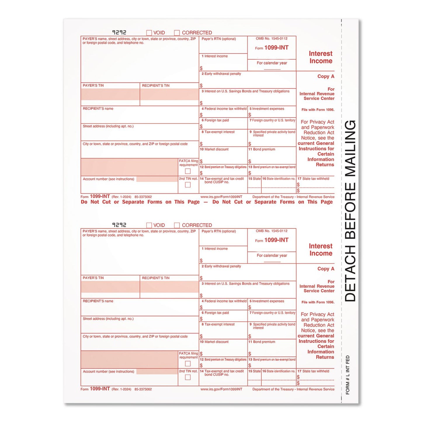 Adams® 2024 1099 INT Interest Income Tax Form, 2 Forms/Sheet, 50 Forms Total (TOP920063)