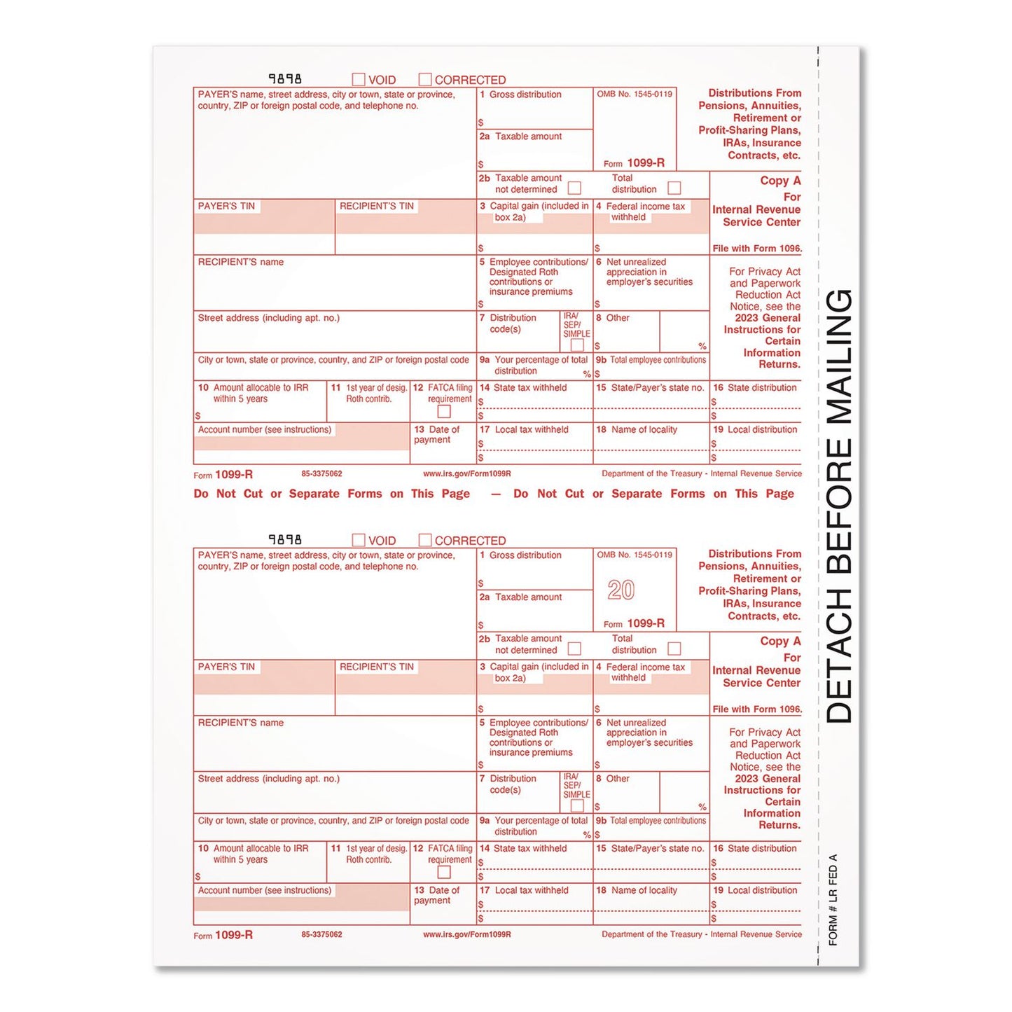 Adams® 2023 1099-R Tax Form, 1 Part, Federal Copy, 2 Forms/Sheet, 50 Forms Total (TOP920103)