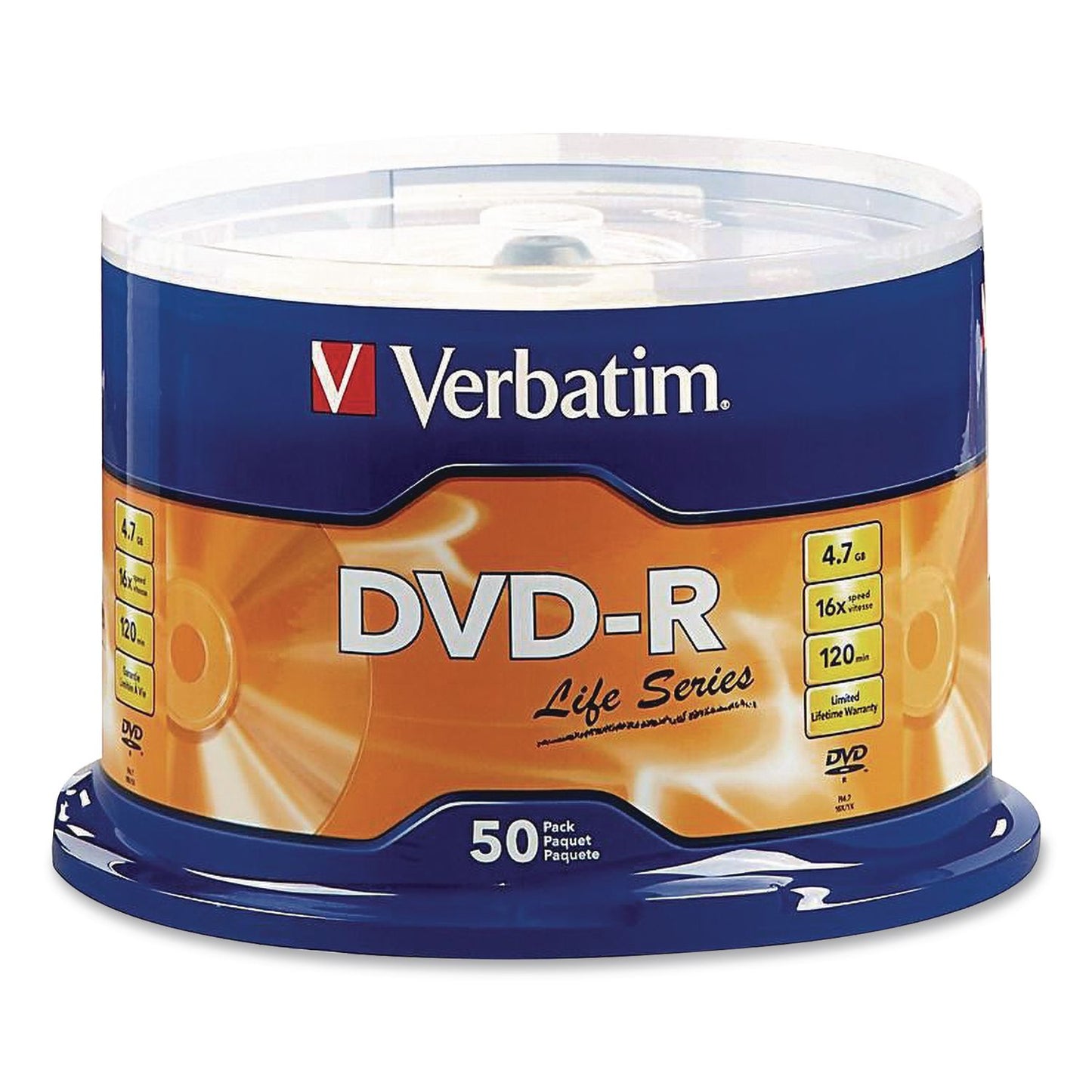 Verbatim® DVD-R LifeSeries Disc, 4.7 GB, 16x, Spindle, Silver, 50/Pack (VER97176)