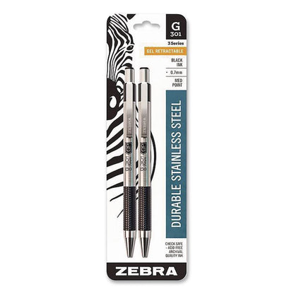 Zebra® G-301 Gel Pen, Retractable, Medium 0.7 mm, Black Ink, Stainless Steel/Black Barrel, 2/Pack (ZEB41312)