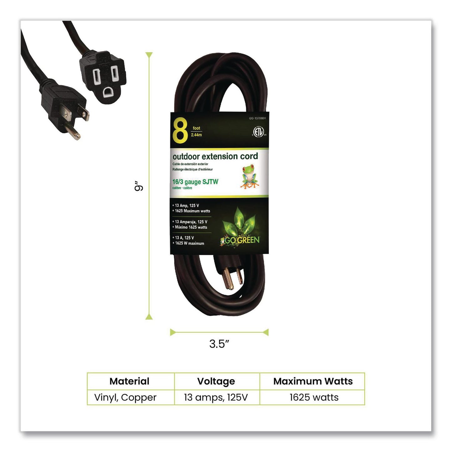 GoGreen Power 16 AWG Outdoor Extension Cord, 8 ft, 13 A, Black (GGPGG13708BK)