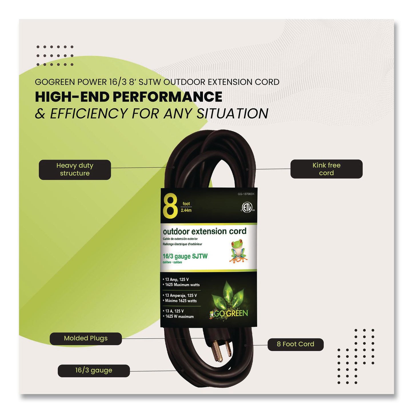 GoGreen Power 16 AWG Outdoor Extension Cord, 8 ft, 13 A, Black (GGPGG13708BK)