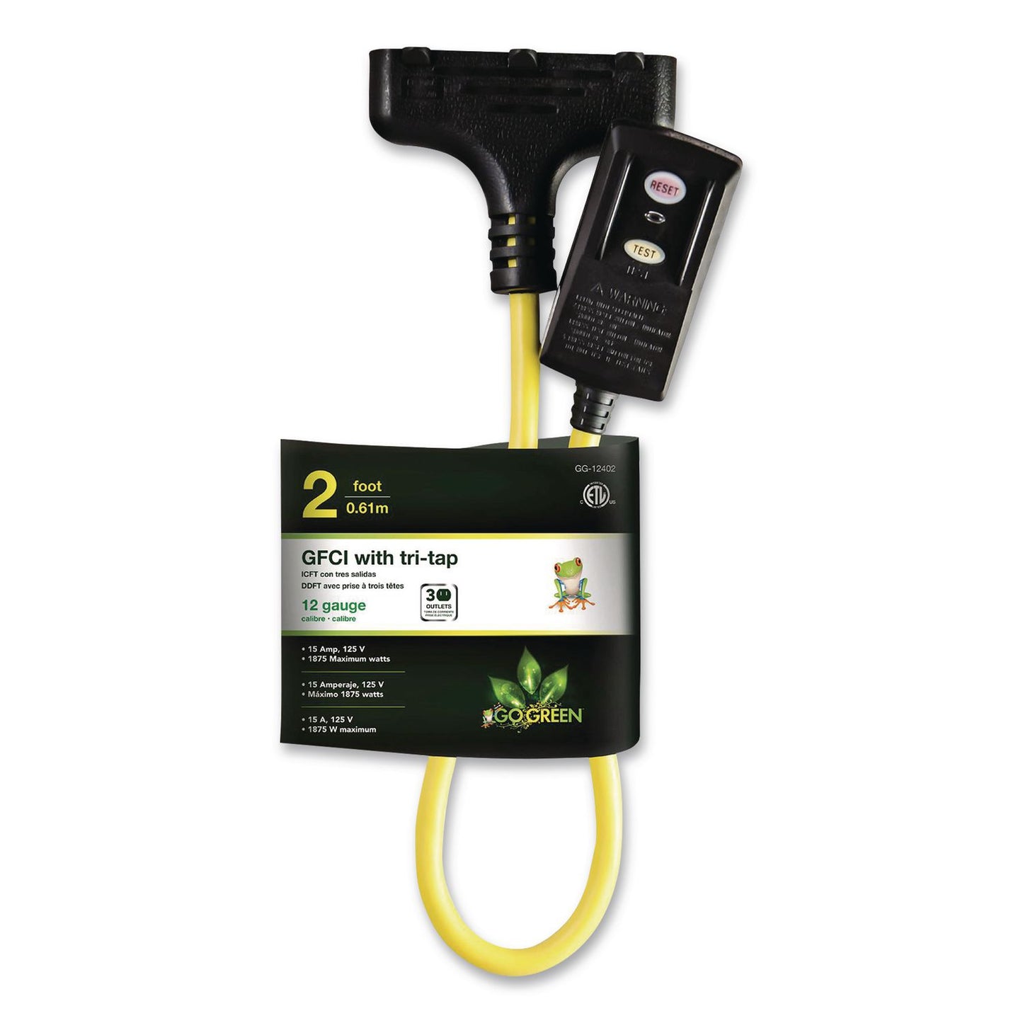 GoGreen Power Portable Tri-Tap with GFCI, 3 Outlets, 2 ft Cord, Yellow (GGPGG12402)