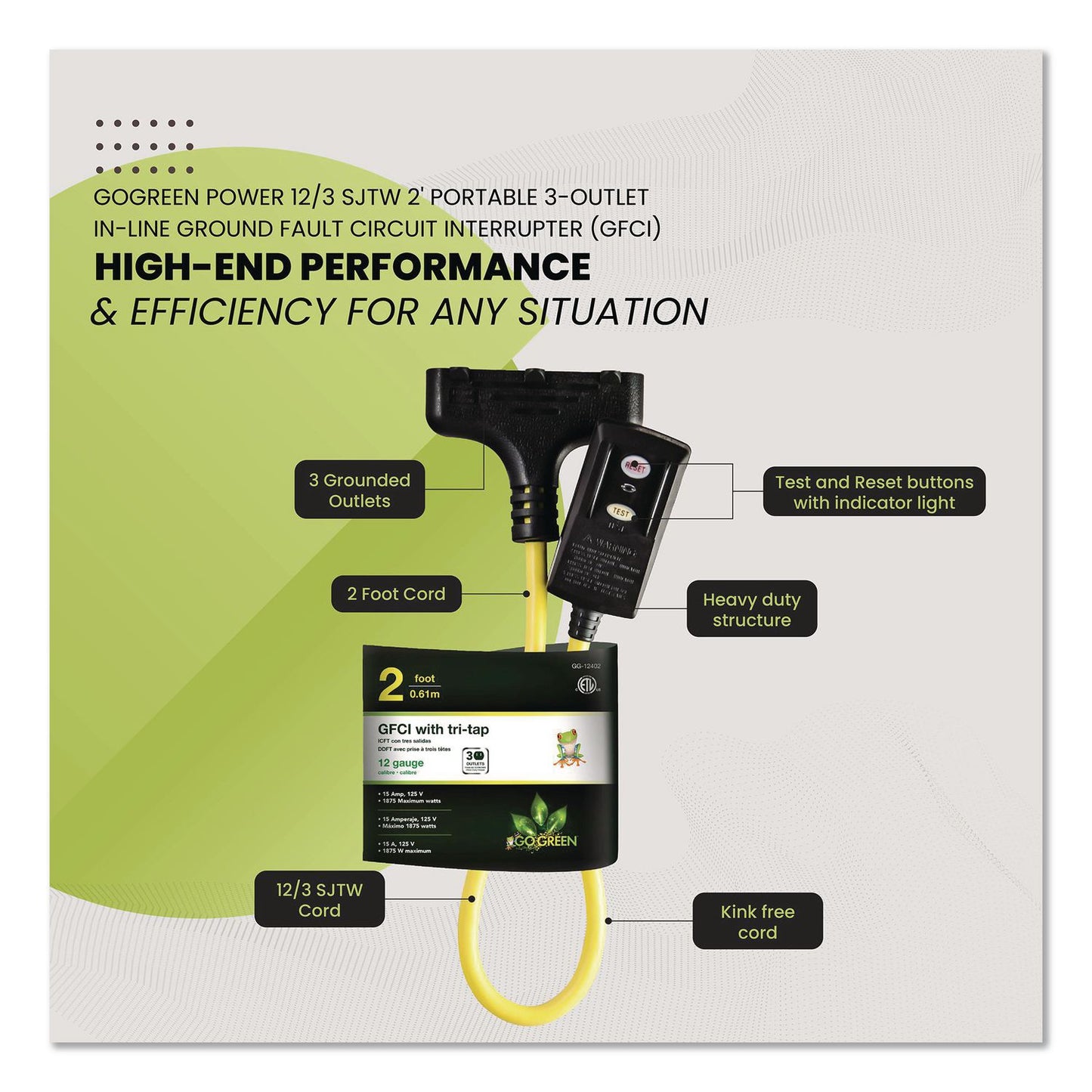 GoGreen Power Portable Tri-Tap with GFCI, 3 Outlets, 2 ft Cord, Yellow (GGPGG12402)