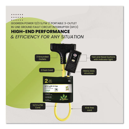 GoGreen Power Portable Tri-Tap with GFCI, 3 Outlets, 2 ft Cord, Yellow (GGPGG12402)