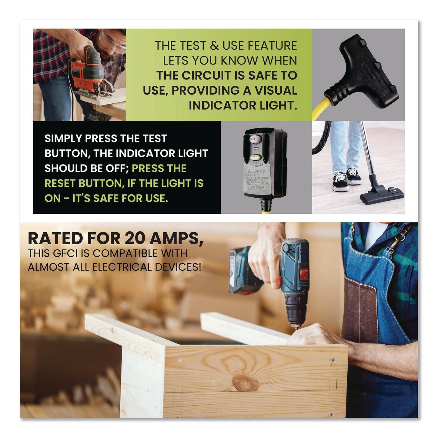 GoGreen Power Portable Tri-Tap with GFCI, 3 Outlets, 2 ft Cord, Yellow (GGPGG12402)