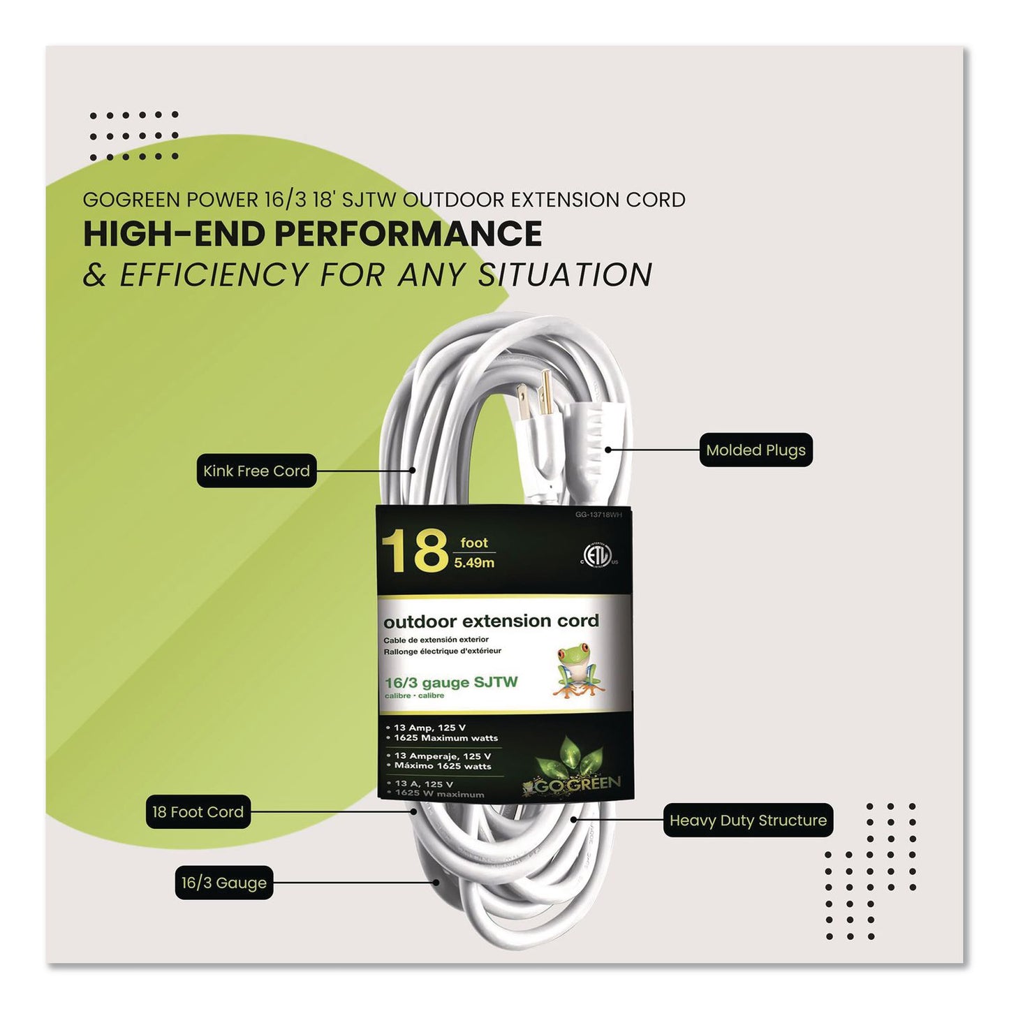 GoGreen Power 16 AWG Outdoor Extension Cord, 18 ft, 13 A, White (GGPGG13718WH)