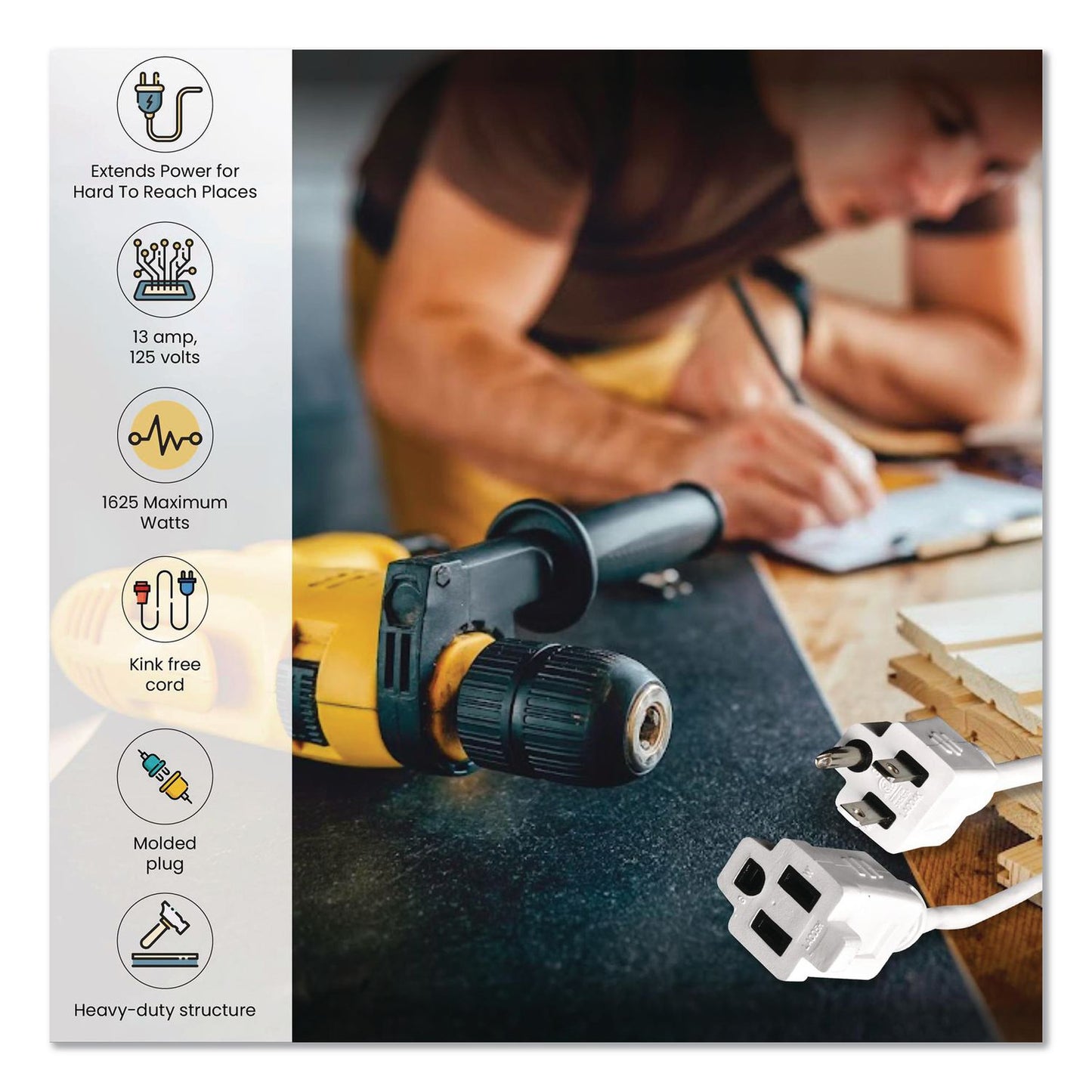 GoGreen Power 16 AWG Outdoor Extension Cord, 18 ft, 13 A, White (GGPGG13718WH)