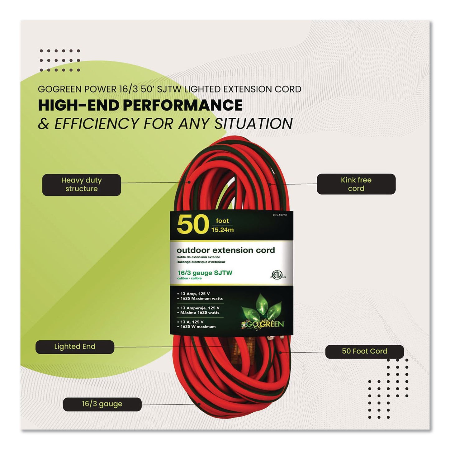 GoGreen Power 16 AWG Outdoor Extension Cord, 50 ft, 13 A, Orange/Black (GGPGG13750)