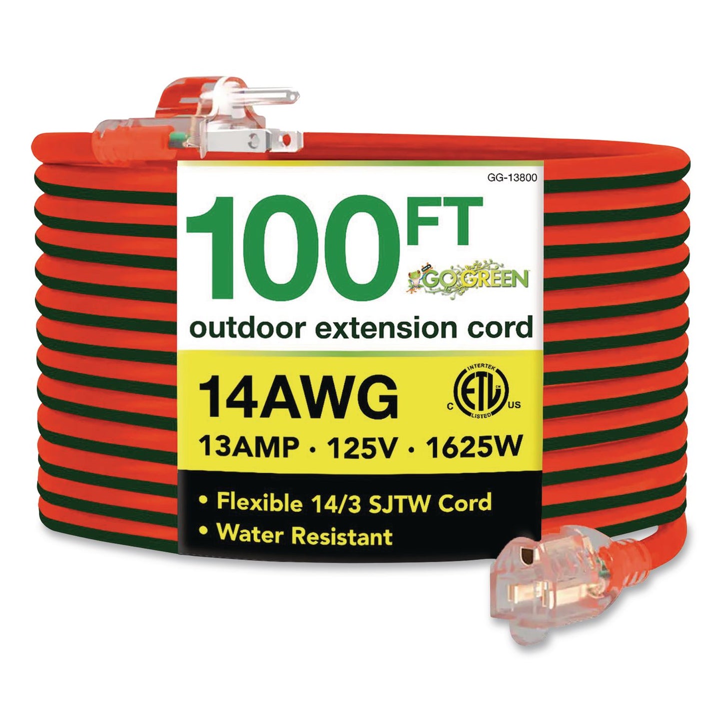 GoGreen Power 14 AWG Lighted End Heavy-Duty Extension Cord, 100 ft, 13 A, Orange/Black (GGPGG13800)