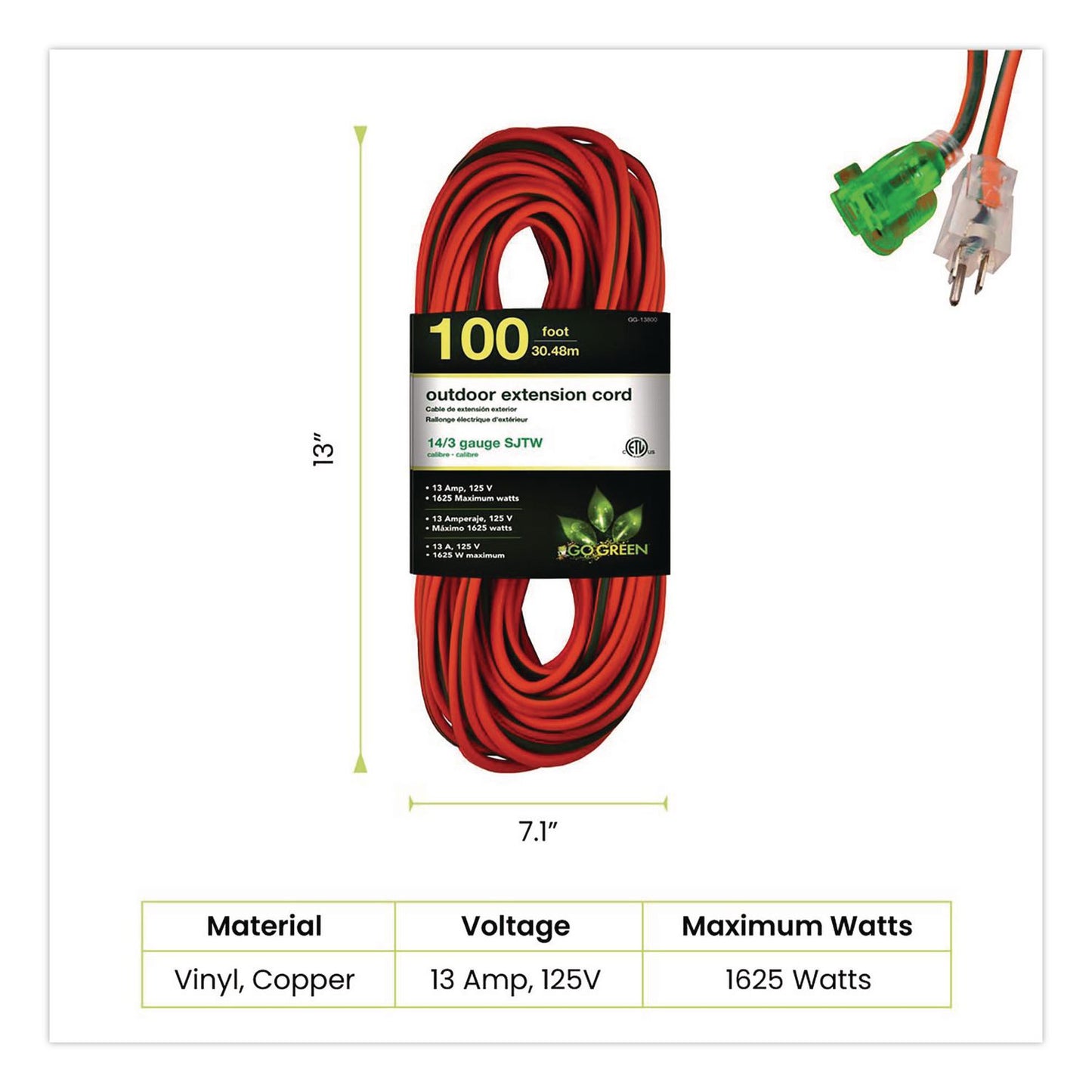 GoGreen Power 14 AWG Lighted End Heavy-Duty Extension Cord, 100 ft, 13 A, Orange/Black (GGPGG13800)