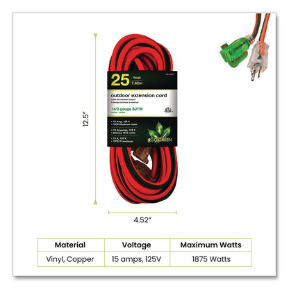 GoGreen Power 14 AWG Lighted End Heavy-Duty Extension Cord, 25 ft, 15 A, Orange/Black (GGPGG13825)