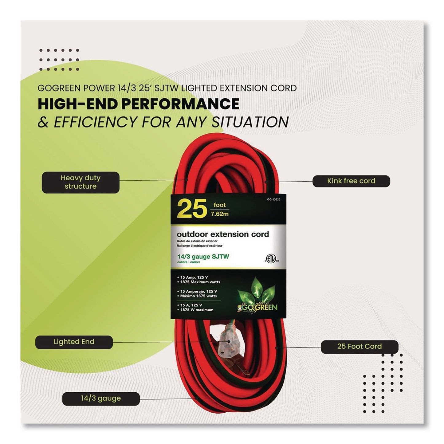 GoGreen Power 14 AWG Lighted End Heavy-Duty Extension Cord, 25 ft, 15 A, Orange/Black (GGPGG13825)