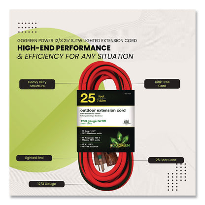 GoGreen Power 12 AWG Lighted End Heavy-Duty Extension Cord, 25 ft, 15 A, Orange/Black (GGPGG14025)