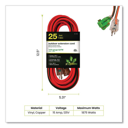 GoGreen Power 12 AWG Lighted End Heavy-Duty Extension Cord, 25 ft, 15 A, Orange/Black (GGPGG14025)