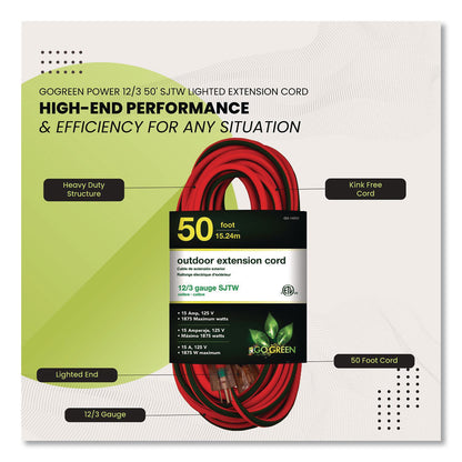 GoGreen Power 12 AWG Lighted End Heavy-Duty Extension Cord, 50 ft, 15 A, Orange/Black (GGPGG14050)