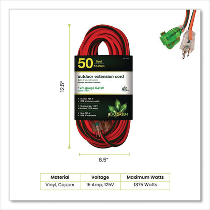 GoGreen Power 12 AWG Lighted End Heavy-Duty Extension Cord, 50 ft, 15 A, Orange/Black (GGPGG14050)