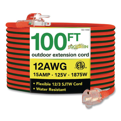 GoGreen Power 12 AWG Lighted End Heavy-Duty Extension Cord, 100 ft, 15 A, Orange/Black (GGPGG14000)