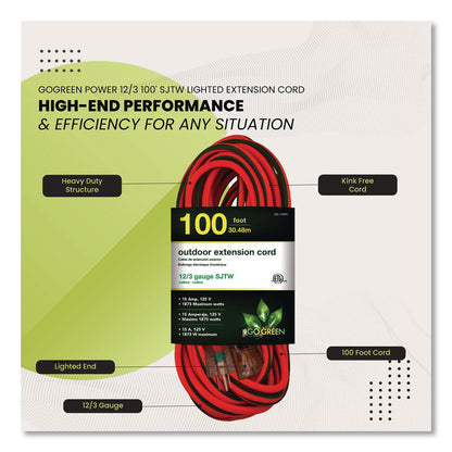 GoGreen Power 12 AWG Lighted End Heavy-Duty Extension Cord, 100 ft, 15 A, Orange/Black (GGPGG14000)
