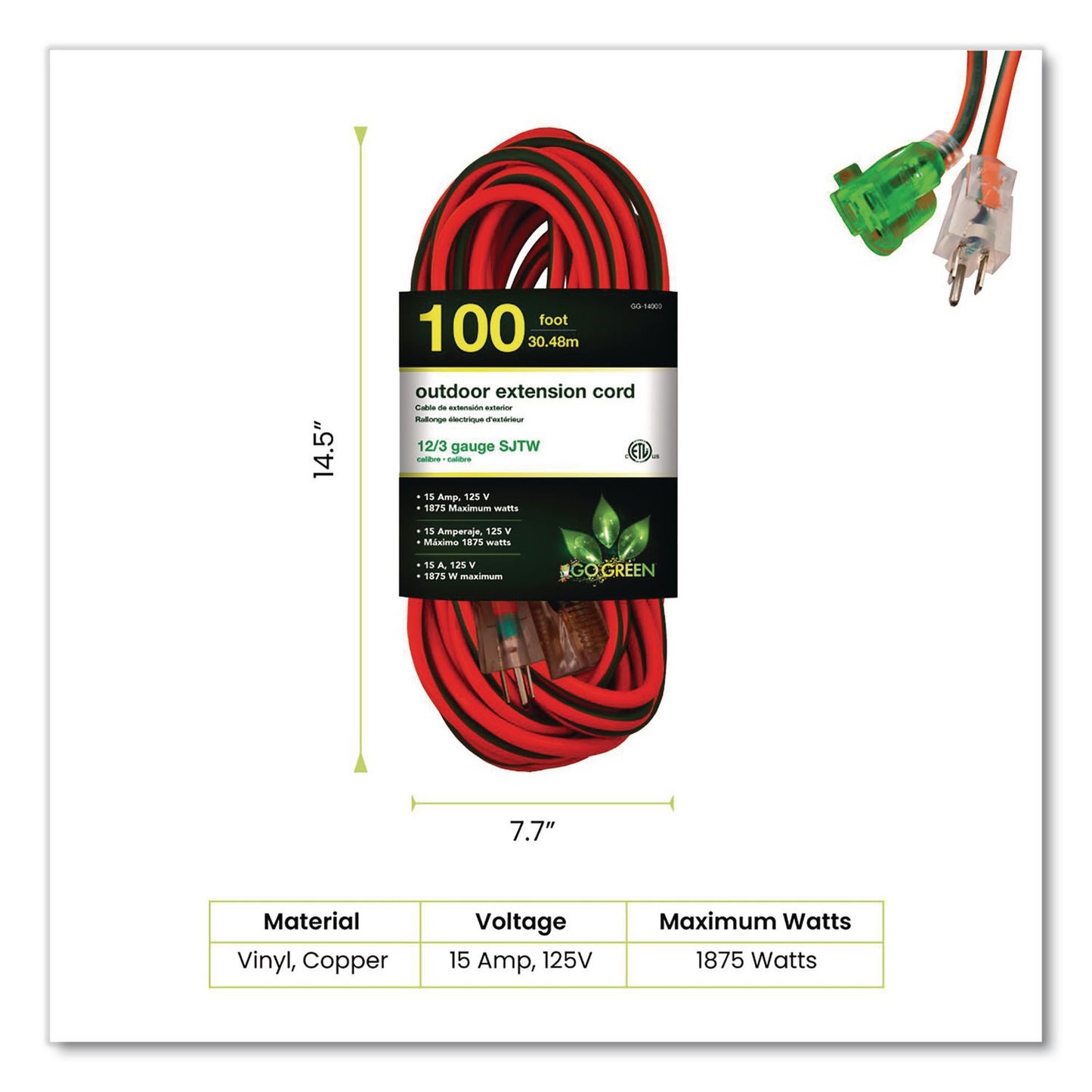 GoGreen Power 12 AWG Lighted End Heavy-Duty Extension Cord, 100 ft, 15 A, Orange/Black (GGPGG14000)