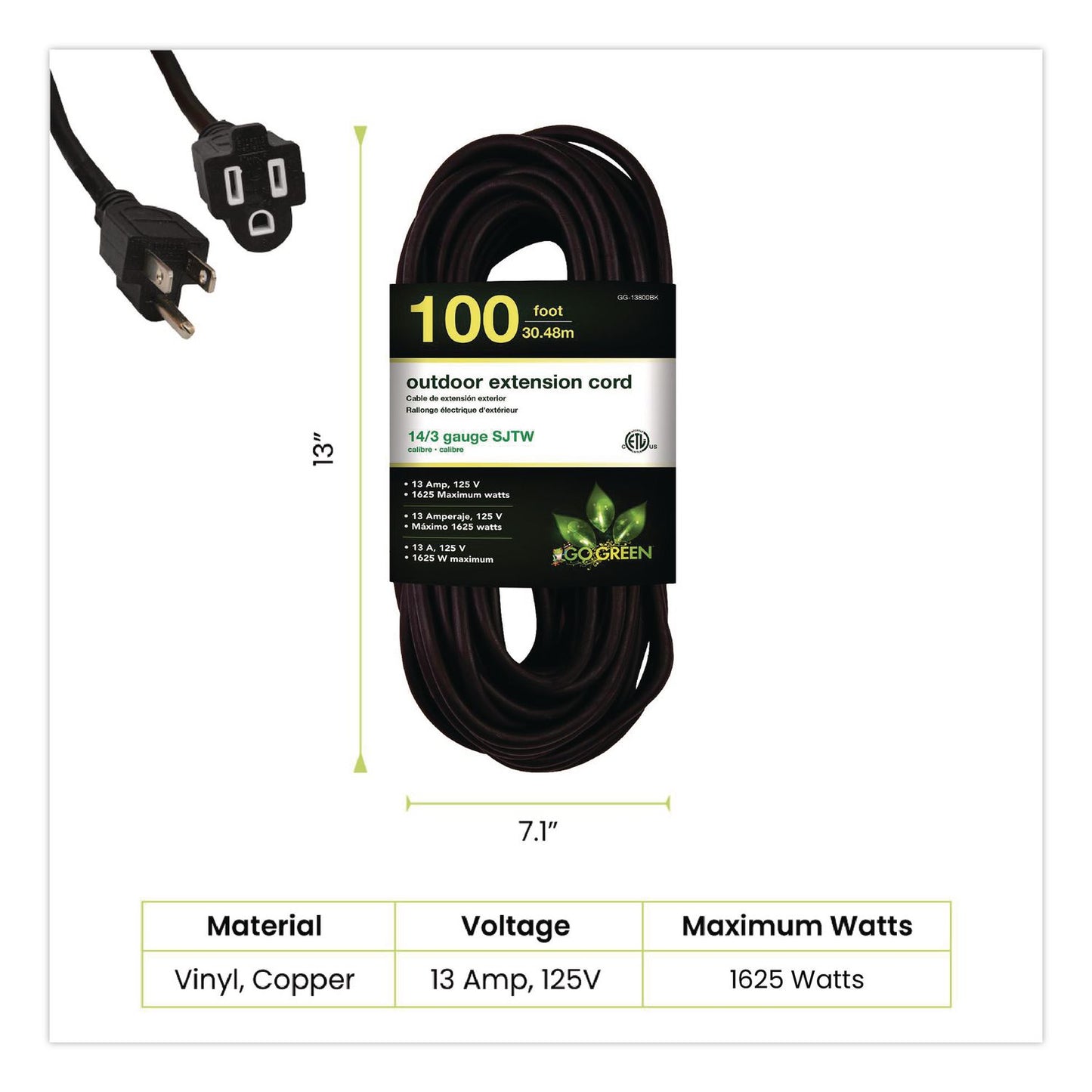 GoGreen Power 14 AWG Heavy-Duty Extension Cord, 100 ft, 13 A, Black (GGPGG13800BK)