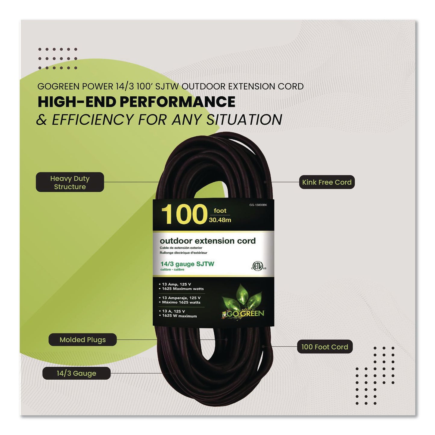 GoGreen Power 14 AWG Heavy-Duty Extension Cord, 100 ft, 13 A, Black (GGPGG13800BK)