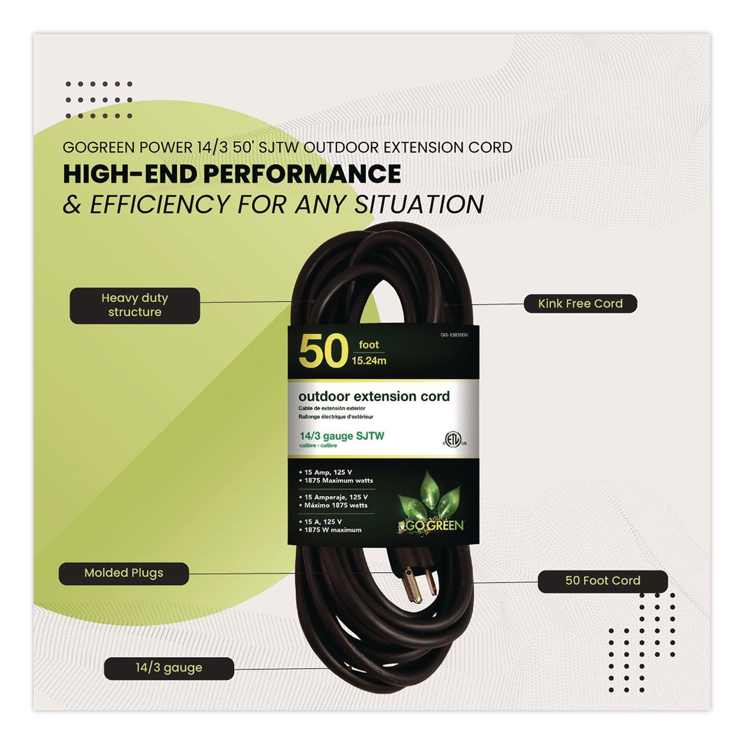 GoGreen Power 14 AWG Lighted End Heavy-Duty Extension Cord, 50 ft, 15 A, Black (GGPGG13850BK)