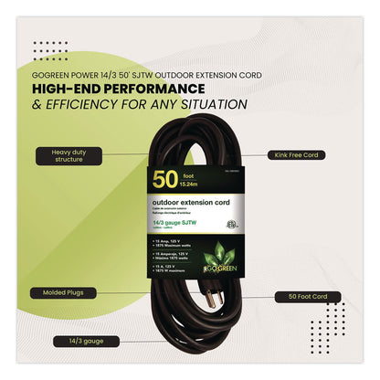 GoGreen Power 14 AWG Lighted End Heavy-Duty Extension Cord, 50 ft, 15 A, Black (GGPGG13850BK)