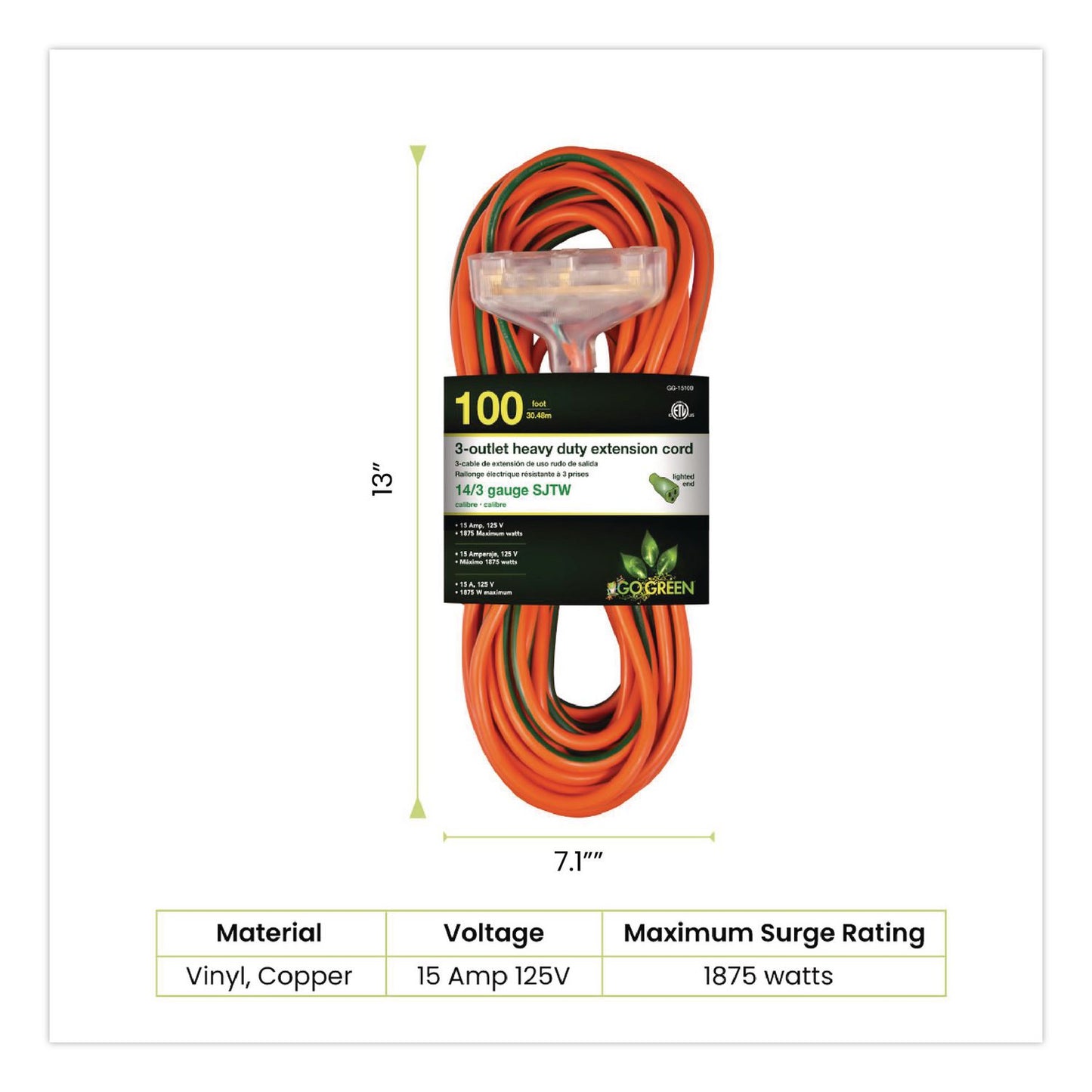 GoGreen Power 14 AWG 3-Outlet Heavy-Duty Extension Cord, 100 ft, 13 A, Orange (GGPGG15100)