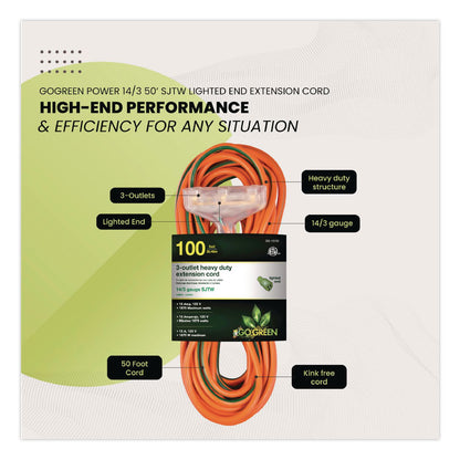GoGreen Power 14 AWG 3-Outlet Heavy-Duty Extension Cord, 100 ft, 13 A, Orange (GGPGG15100)
