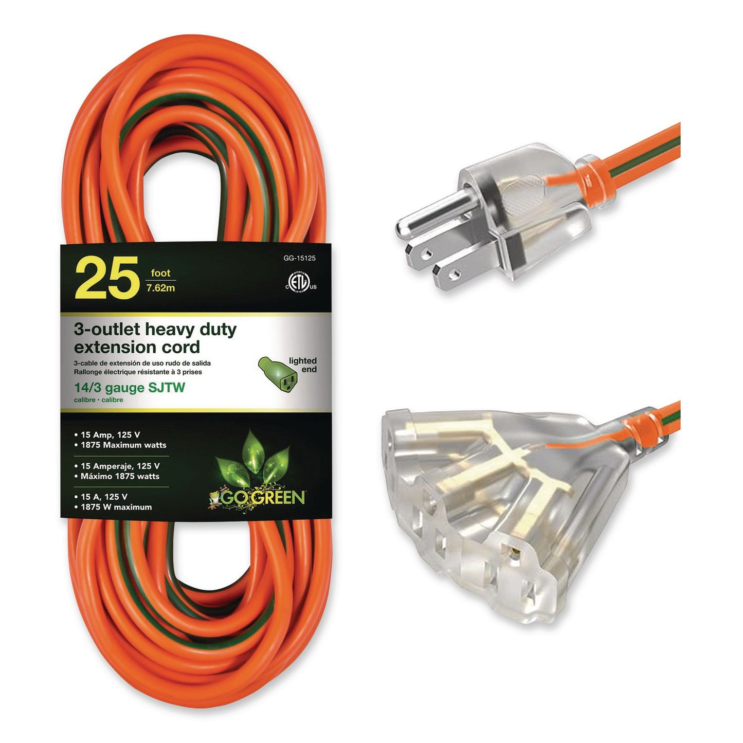 GoGreen Power 14 AWG 3-Outlet Heavy Duty Extension Cord, 25 ft, 15 A, Orange (GGPGG15125)