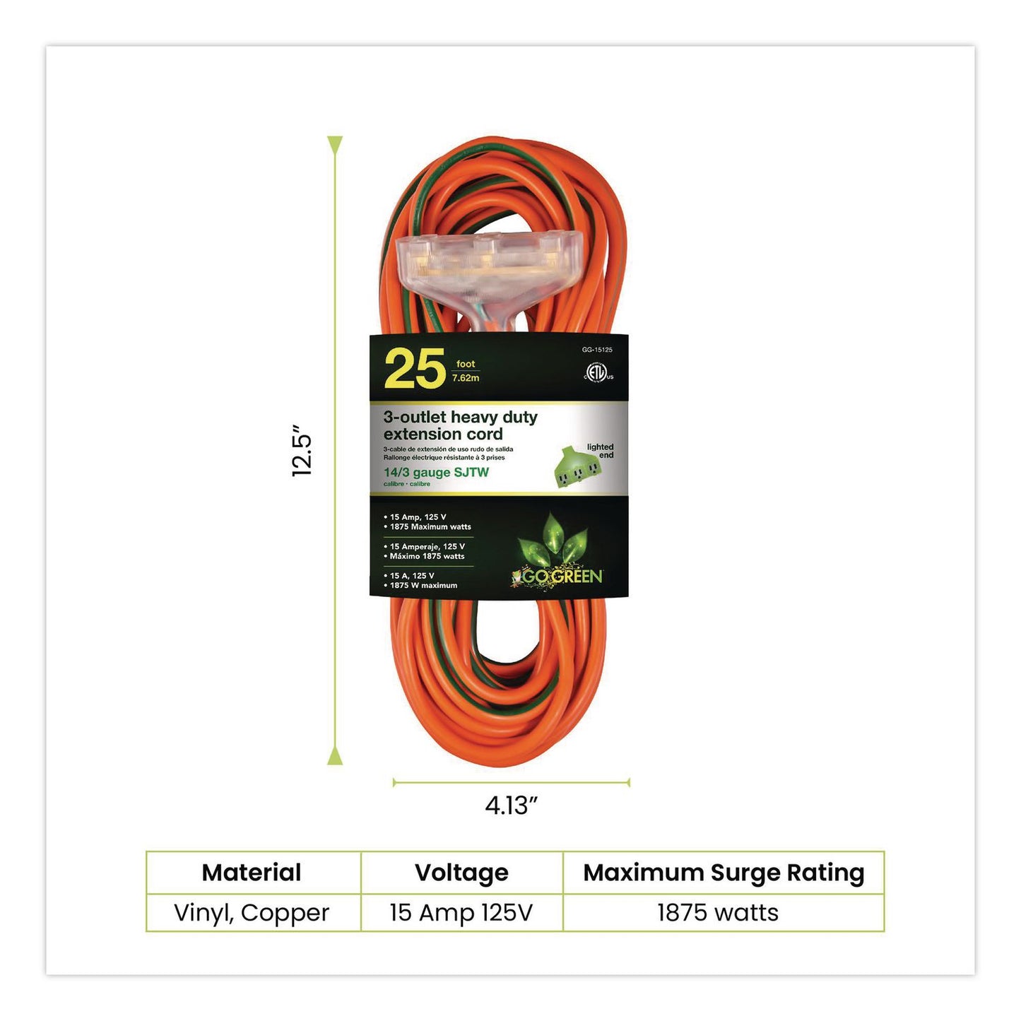 GoGreen Power 14 AWG 3-Outlet Heavy Duty Extension Cord, 25 ft, 15 A, Orange (GGPGG15125)
