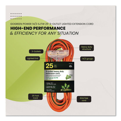 GoGreen Power 14 AWG 3-Outlet Heavy Duty Extension Cord, 25 ft, 15 A, Orange (GGPGG15125)