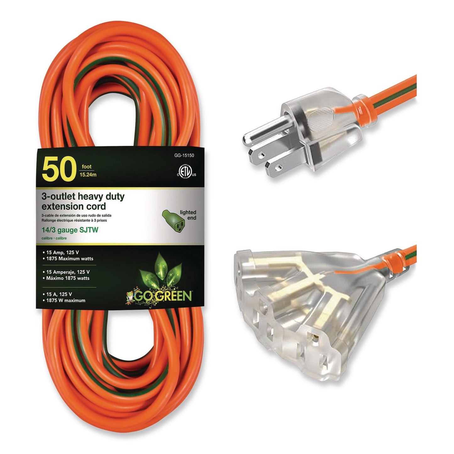 GoGreen Power 14 AWG 3-Outlet Heavy-Duty Extension Cord, 50 ft, 15 A, Orange (GGPGG15150)