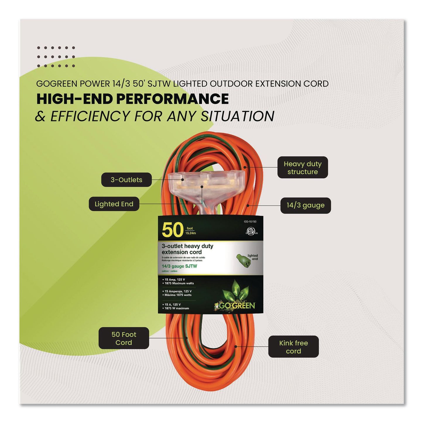 GoGreen Power 14 AWG 3-Outlet Heavy-Duty Extension Cord, 50 ft, 15 A, Orange (GGPGG15150)