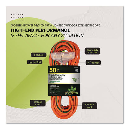 GoGreen Power 14 AWG 3-Outlet Heavy-Duty Extension Cord, 50 ft, 15 A, Orange (GGPGG15150)