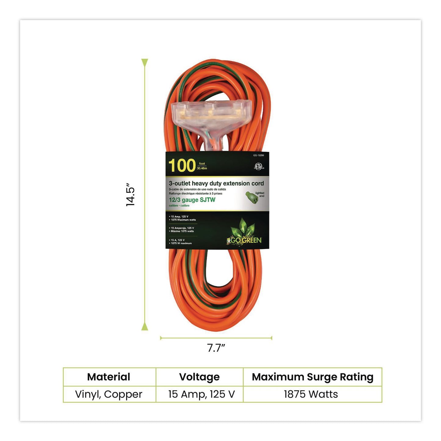 GoGreen Power 12 AWG 3-Outlet Heavy-Duty Extension Cord, 100 ft, 15 A, Orange (GGPGG15200)