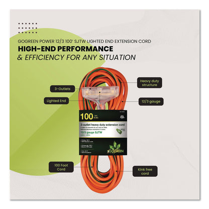 GoGreen Power 12 AWG 3-Outlet Heavy-Duty Extension Cord, 100 ft, 15 A, Orange (GGPGG15200)
