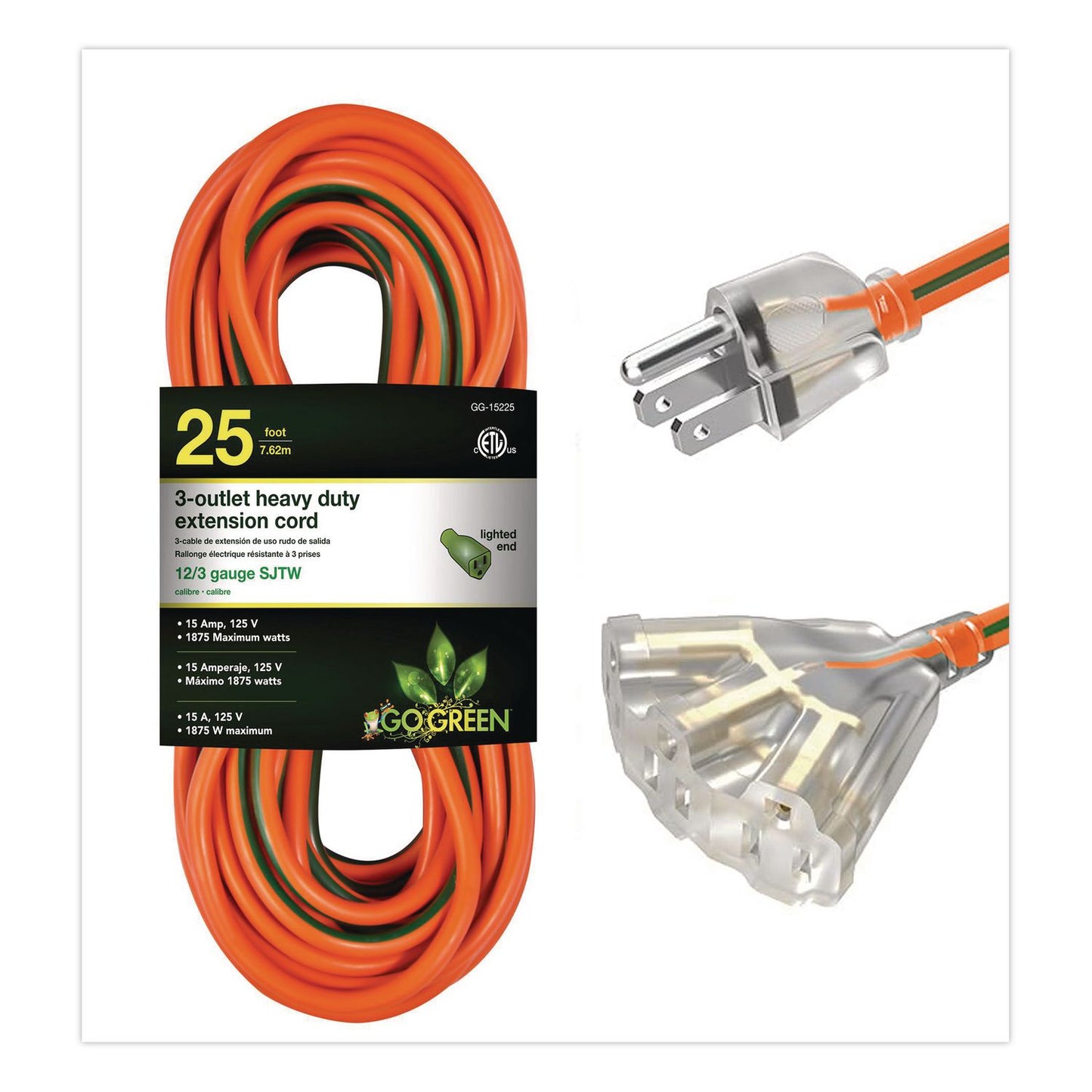 GoGreen Power 12 AWG 3-Outlet Heavy-Duty Extension Cord, 25 ft, 15 A, Orange (GGPGG15225)