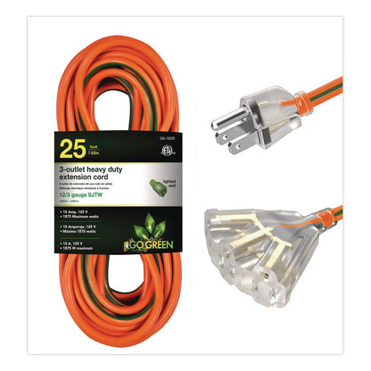 GoGreen Power 12 AWG 3-Outlet Heavy-Duty Extension Cord, 25 ft, 15 A, Orange (GGPGG15225)