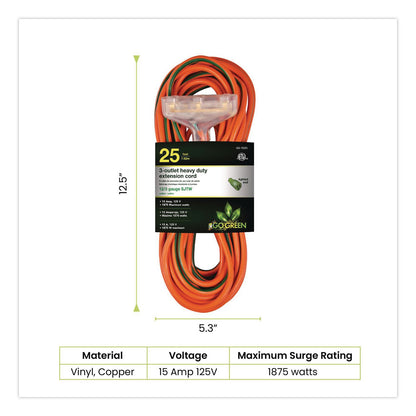 GoGreen Power 12 AWG 3-Outlet Heavy-Duty Extension Cord, 25 ft, 15 A, Orange (GGPGG15225)