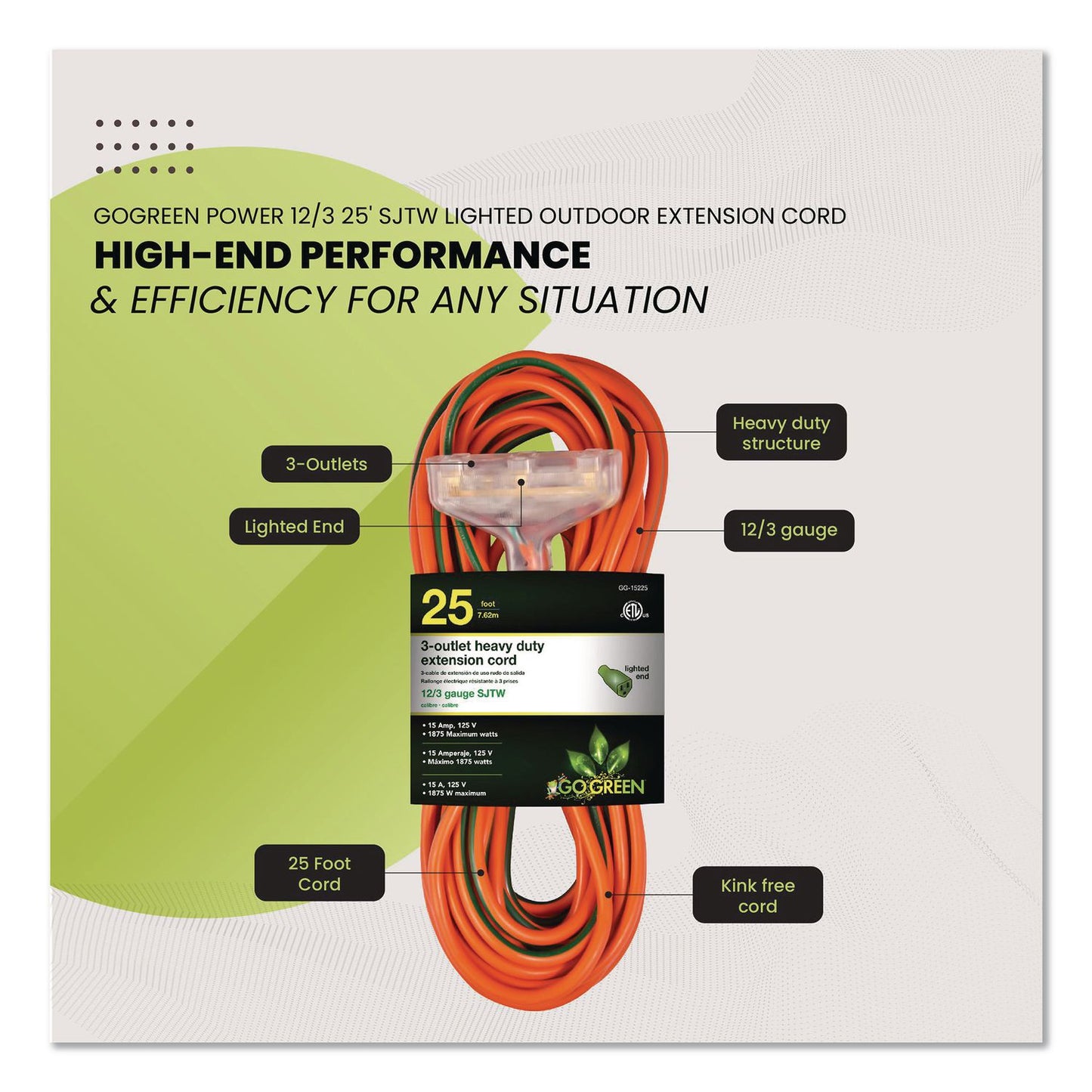 GoGreen Power 12 AWG 3-Outlet Heavy-Duty Extension Cord, 25 ft, 15 A, Orange (GGPGG15225)