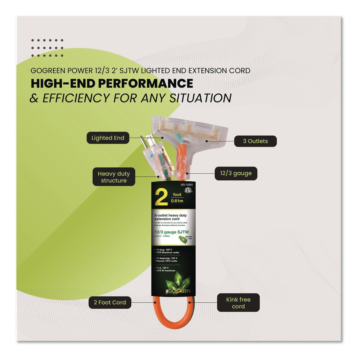 GoGreen Power 12 AWG 3-Outlet Heavy-Duty Extension Cord, 2 ft, 15 A, Orange (GGPGG15302)